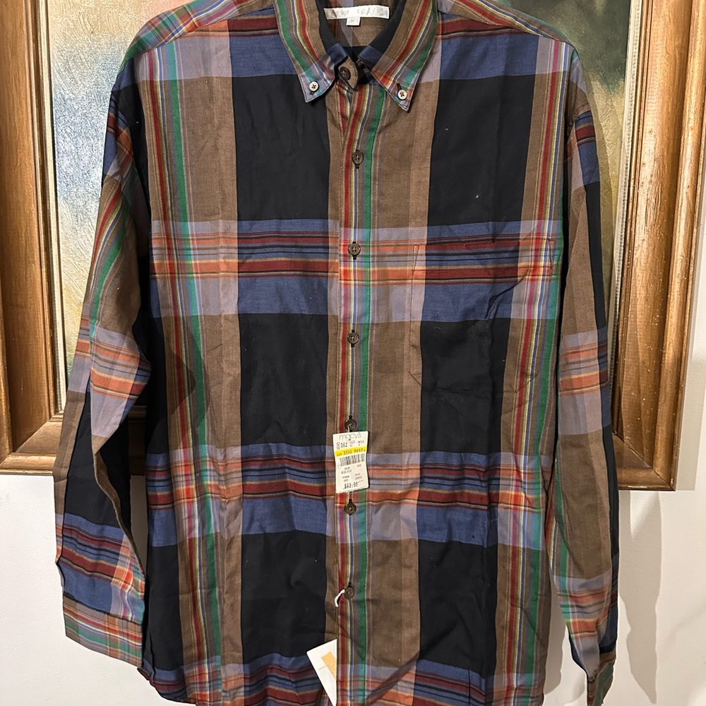 Macy's Men's Plaid Button-Down Shirt - Blue, Brown, Black